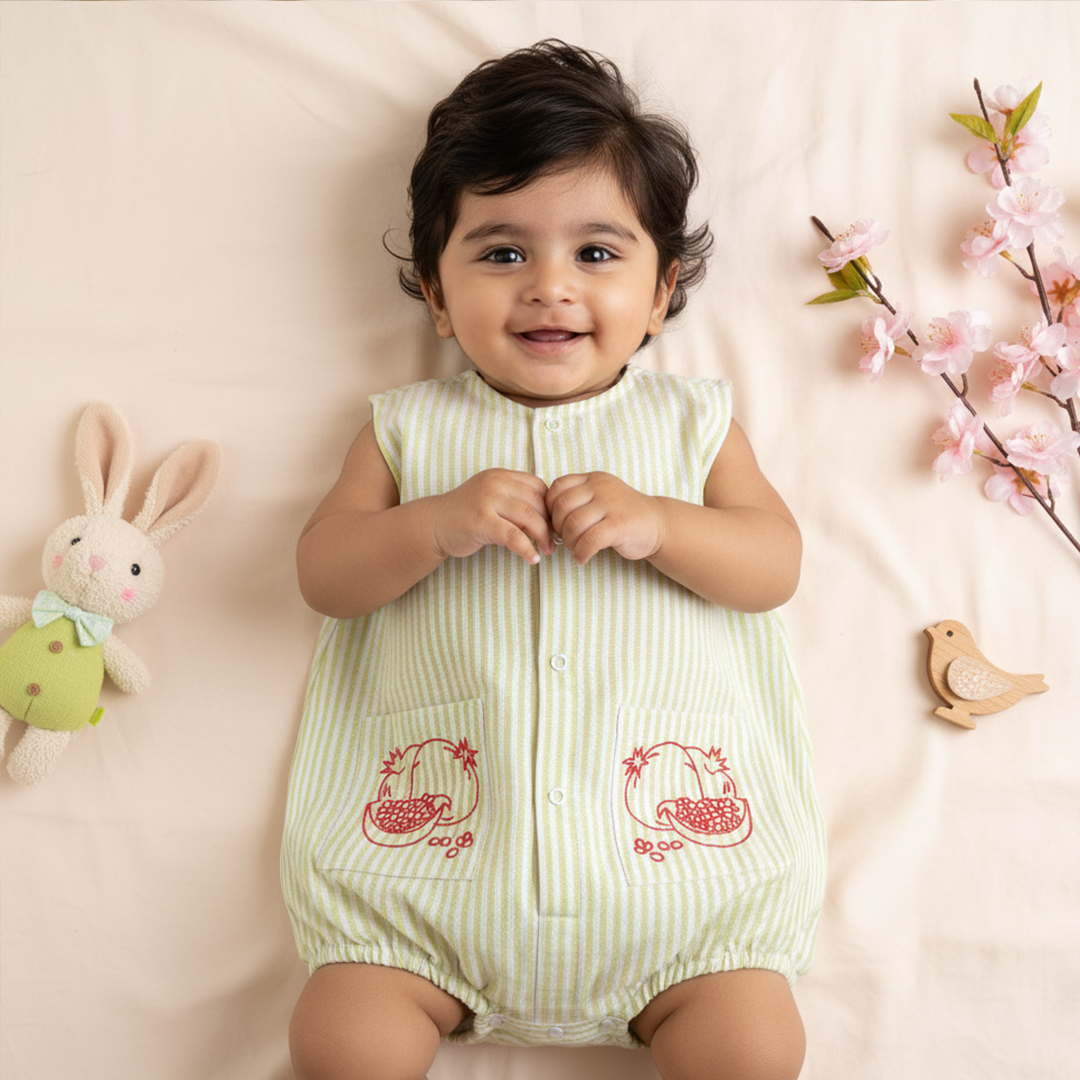 Green and White Striped Embroidered Romper with Pockets - Pomegranates