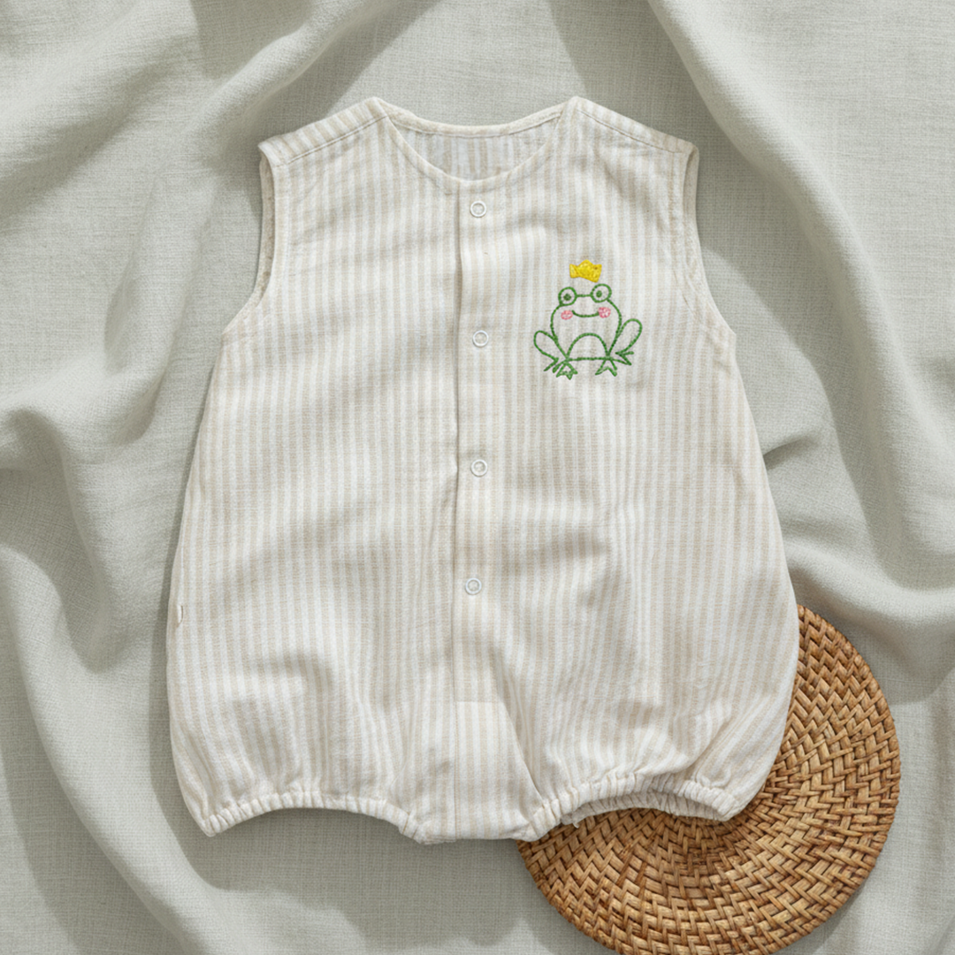 Beige and White Striped Embroidered Romper - Frog the Prince