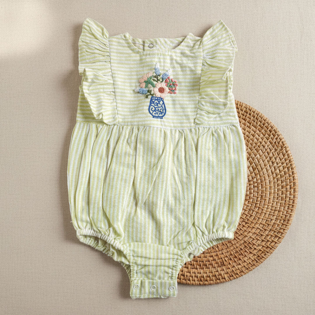 Green and White Striped Embroidered Romper with Ruffles - Flower Vase