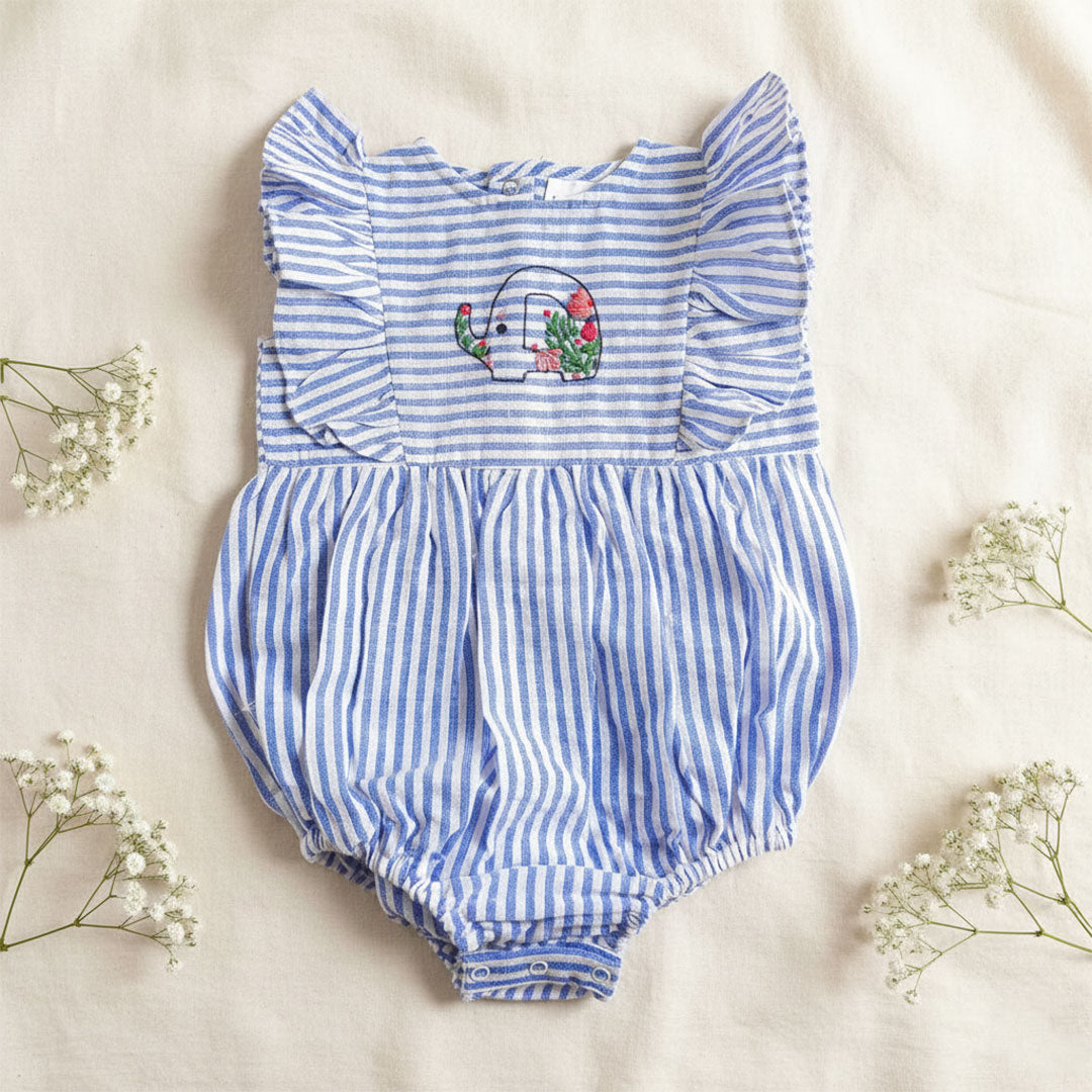 Blue and White Striped Embroidered Romper with Ruffles - Elephant in the Bloom
