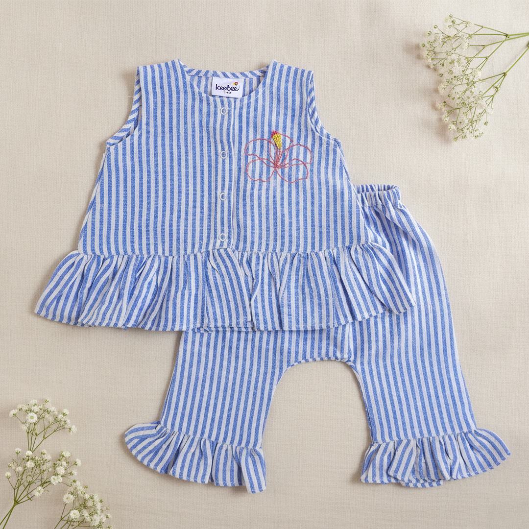 Blue and White Stirped Embroidered Coord Set - Hibiscus