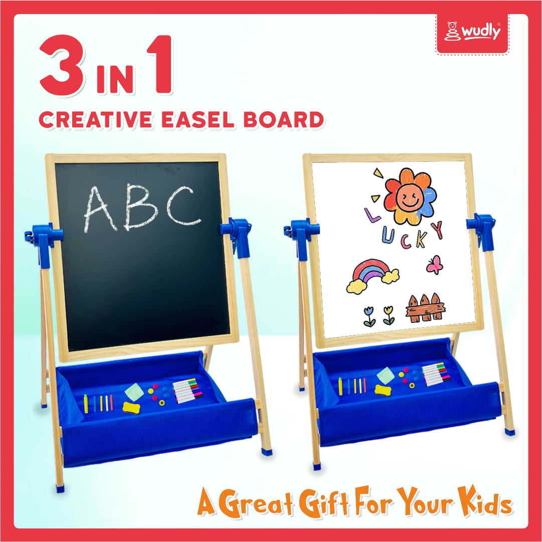 3-in-1 Creative Easel Board with Chalkboard, Whiteboard, Storage Tray