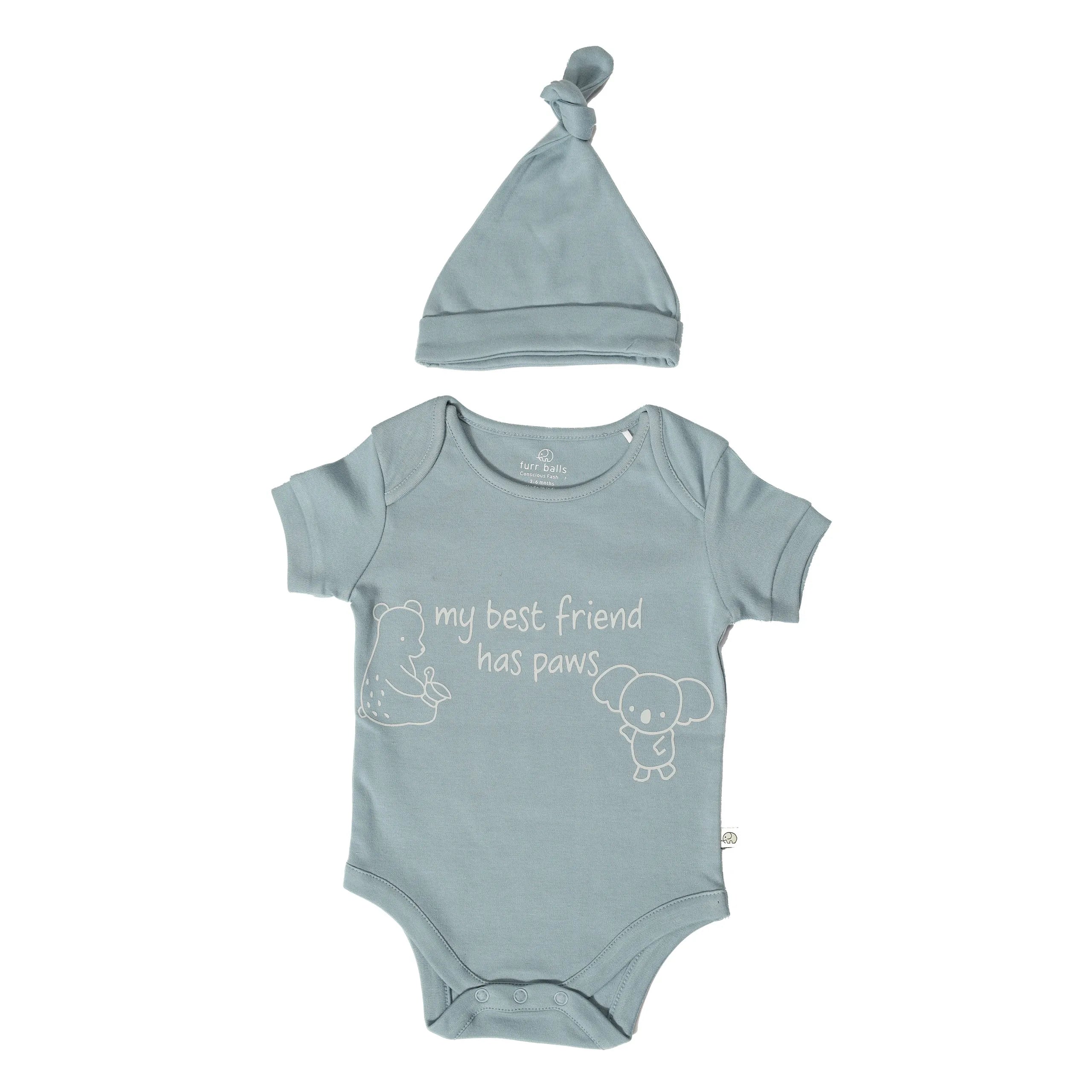 Baby “My Best Friend Has Paws†Short Sleeves Bodysuit With An Organic Cotton Cap - Dusty Blue