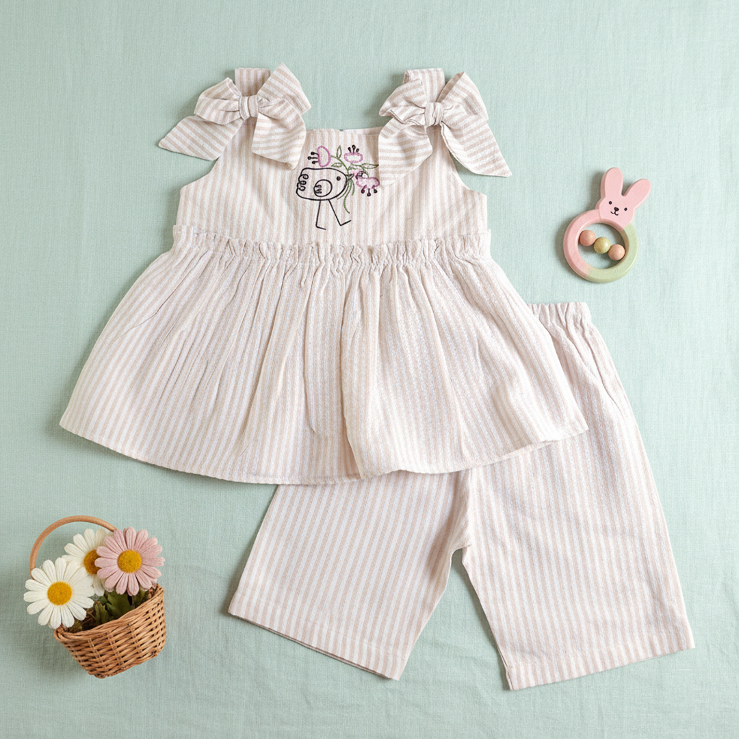 Beige and White Stirped Embroidered Coord Set - Birdie with Flowers