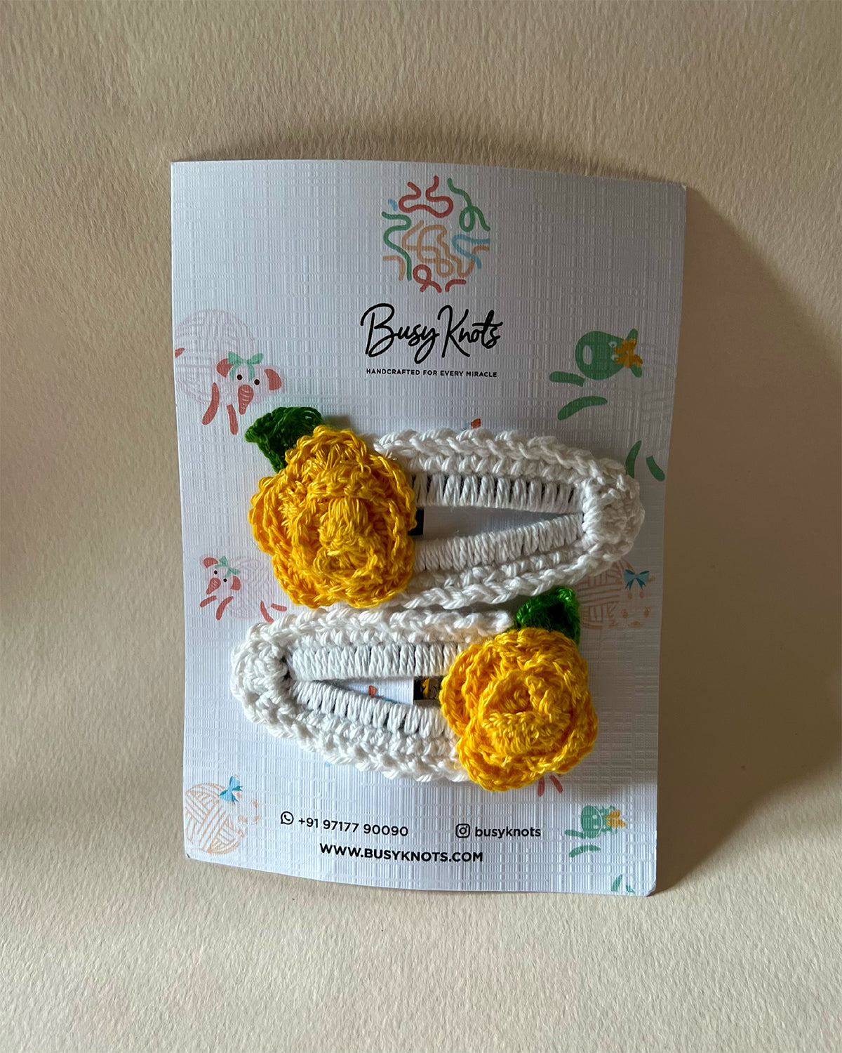 Handmade Crochet Rose Clips White/Yellow