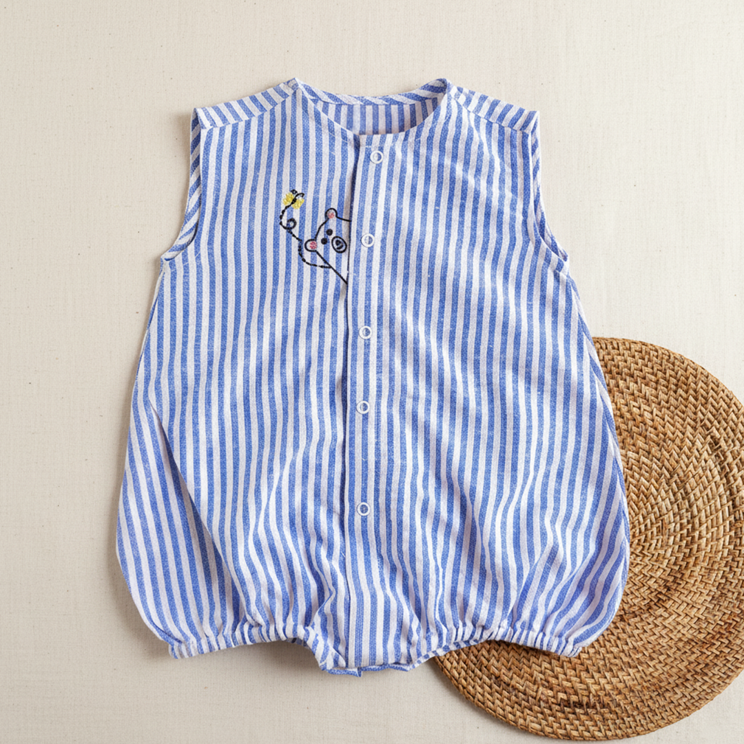 Blue and White Striped Embroidered Romper - Peek-A-Bear