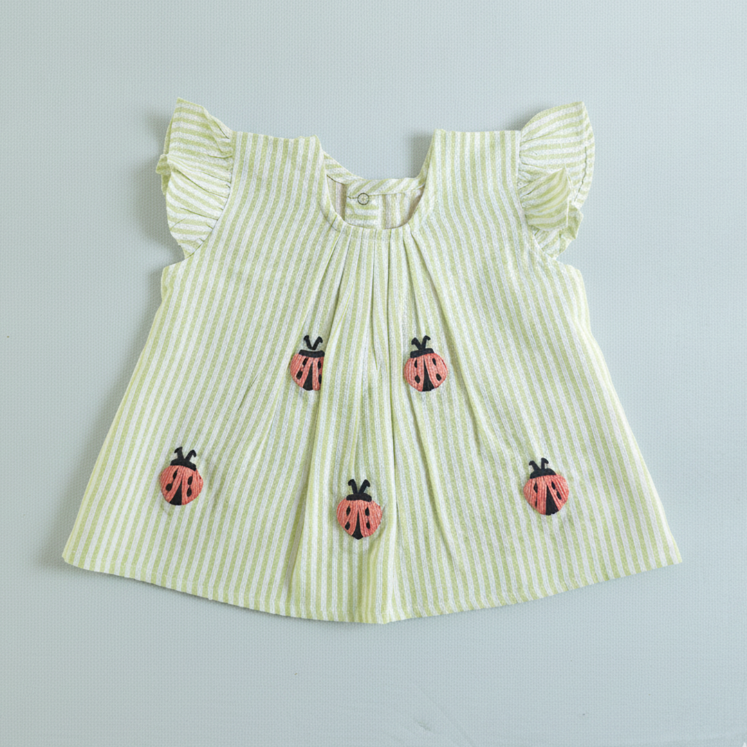 Green and White Stirped Embroidered Coord Set - LadyBugs