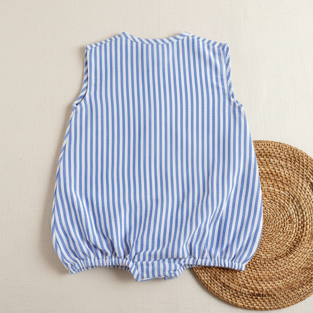 Blue and White Striped Embroidered Romper - Peek-A-Bear