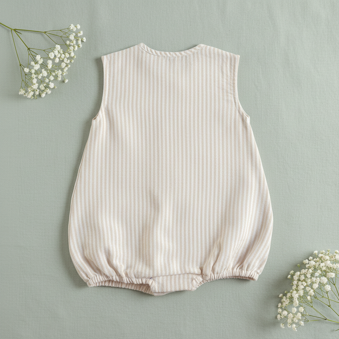 Beige and White Striped Embroidered Romper - Frog the Prince