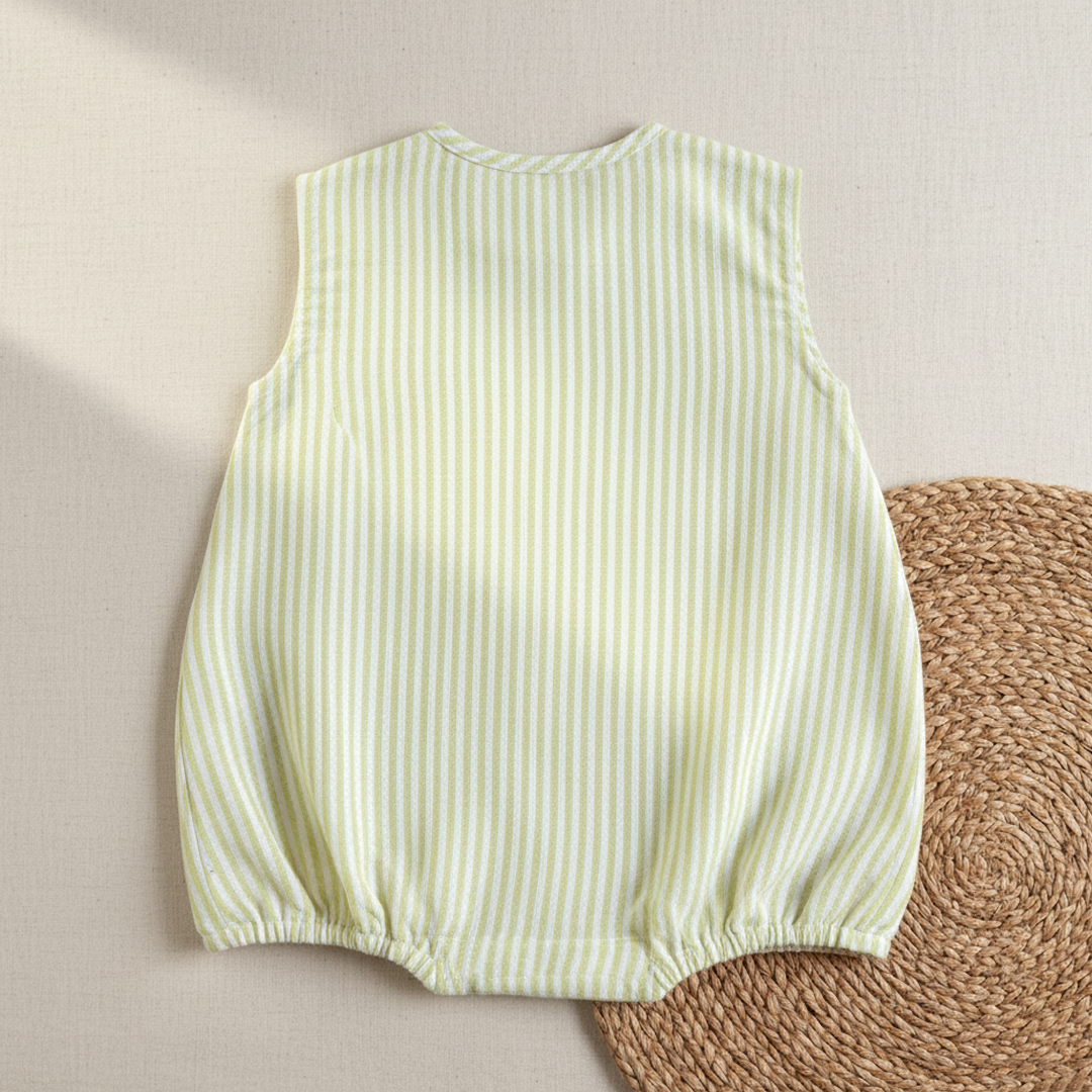 Green and White Striped Embroidered Romper with Pockets - Pomegranates