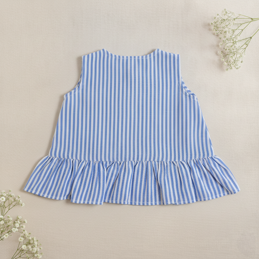 Blue and White Stirped Embroidered Coord Set - Hibiscus