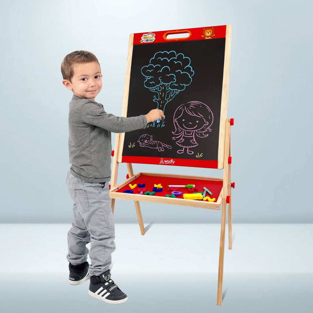 Kids Wooden Drawing Board - Double-Sided Chalkboard and Whiteboar