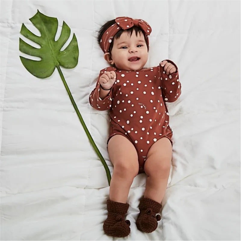 Baby Printed Polka Dotted Full Sleeves Bodysuit With A Bow Headband