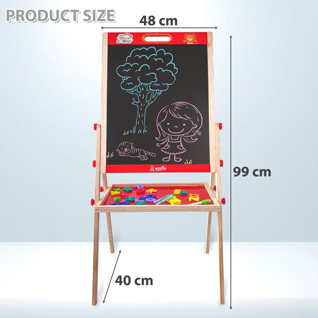 Kids Wooden Drawing Board - Double-Sided Chalkboard and Whiteboar
