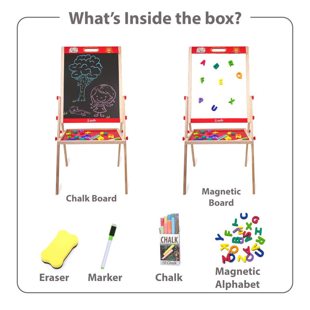 Kids Wooden Drawing Board - Double-Sided Chalkboard and Whiteboar
