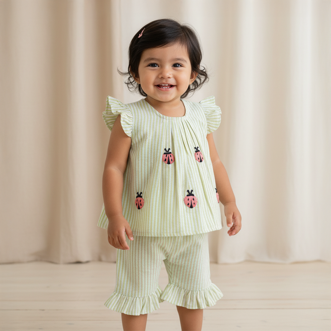 Green and White Stirped Embroidered Coord Set - LadyBugs
