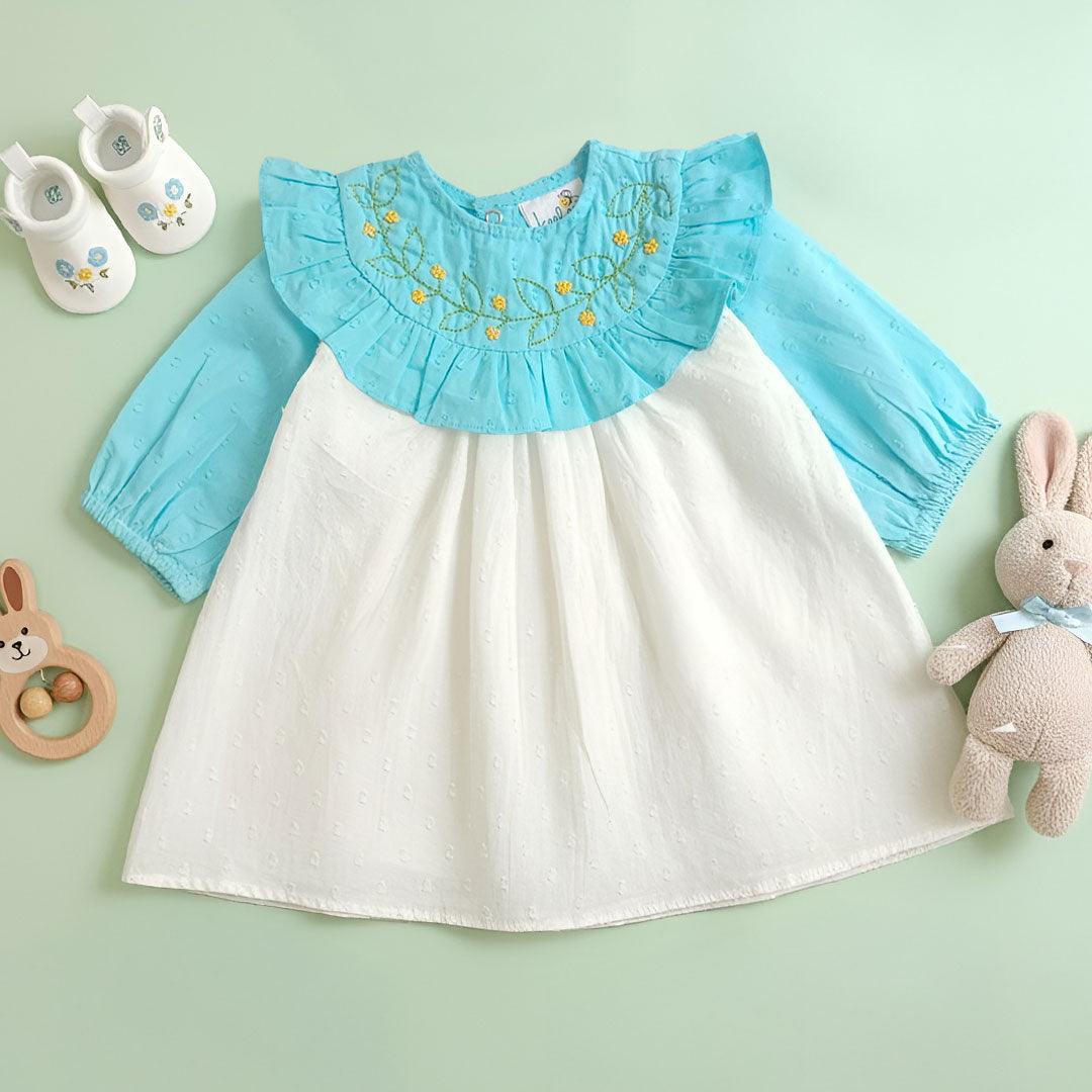 Embroidered Blue and White Puffed Sleeve Dress - Garland of Flowers