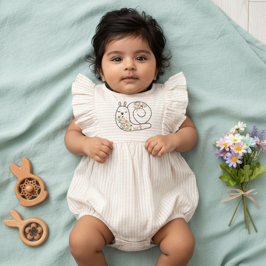 Beige and White Striped Embroidered Romper with Ruffles - Garden Snail