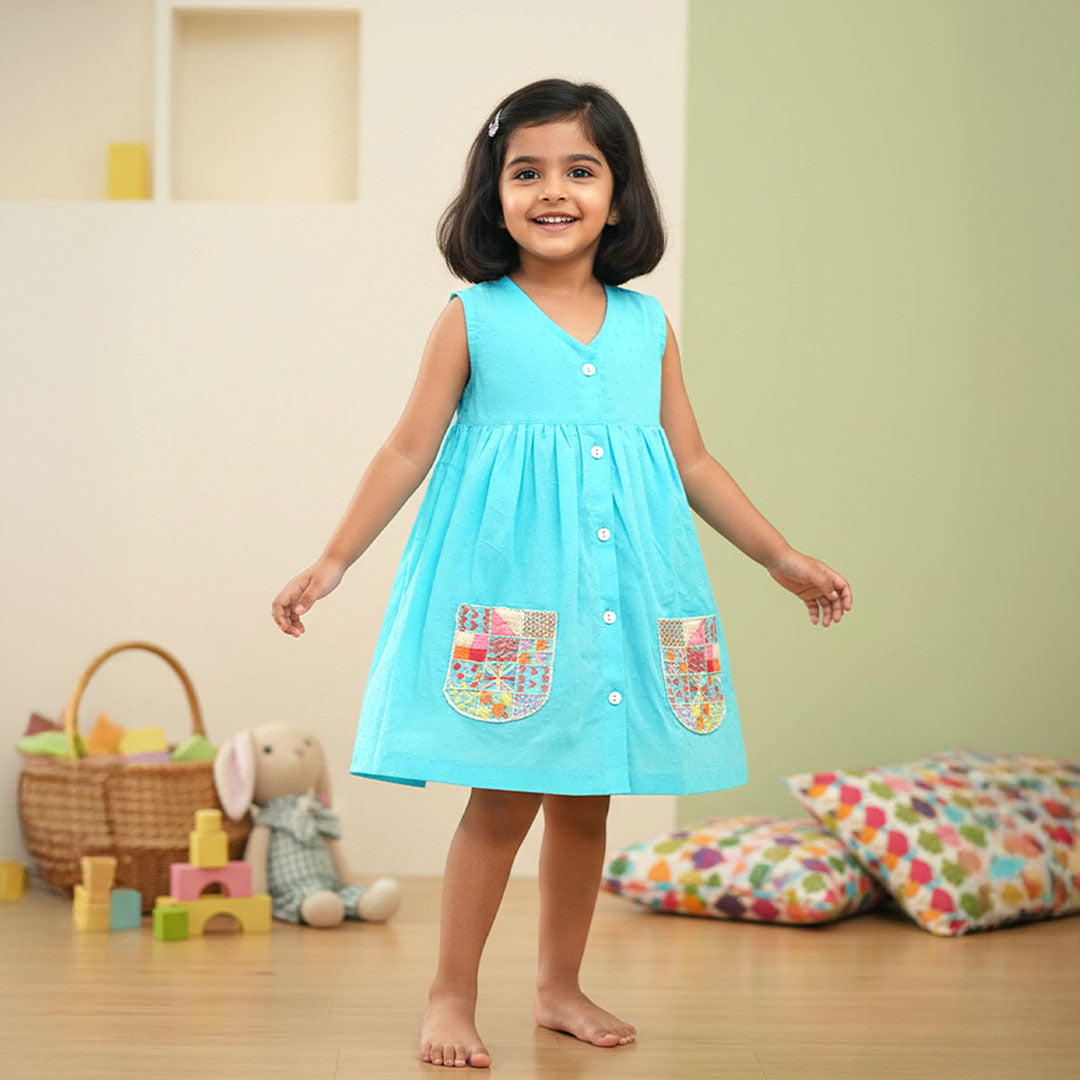 Hand Embroidered Turquoise Blue Dress with Pockets