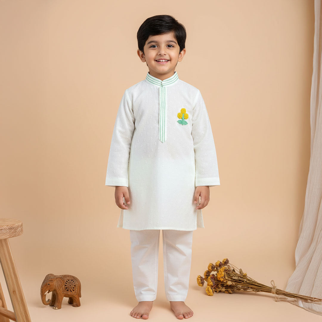 Embroidered White Kurta paired with Pajama Pants - Marigold
