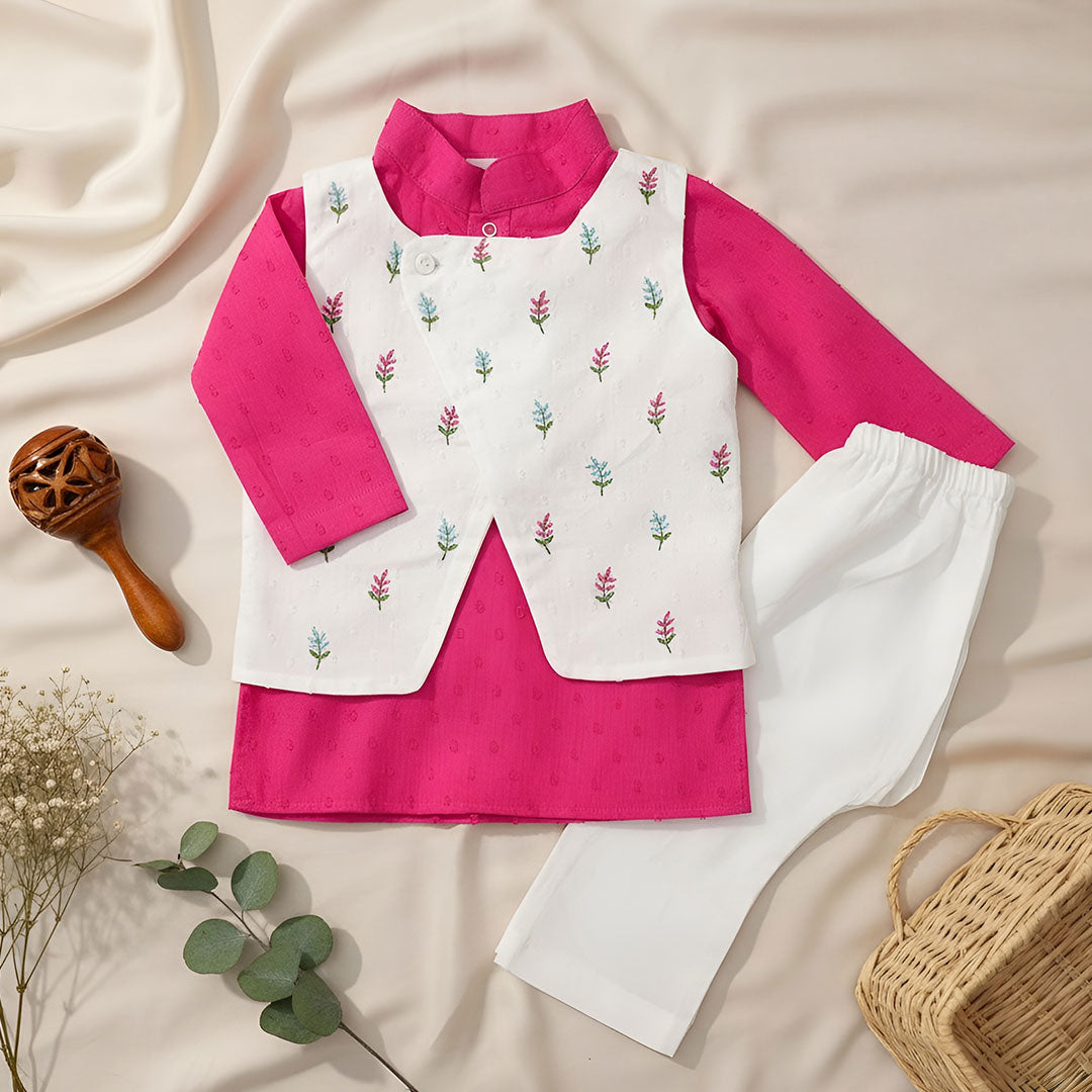 Hot Pink – Cotton Floral Embroidered Jacket Kurta and White Pajama Pants Set