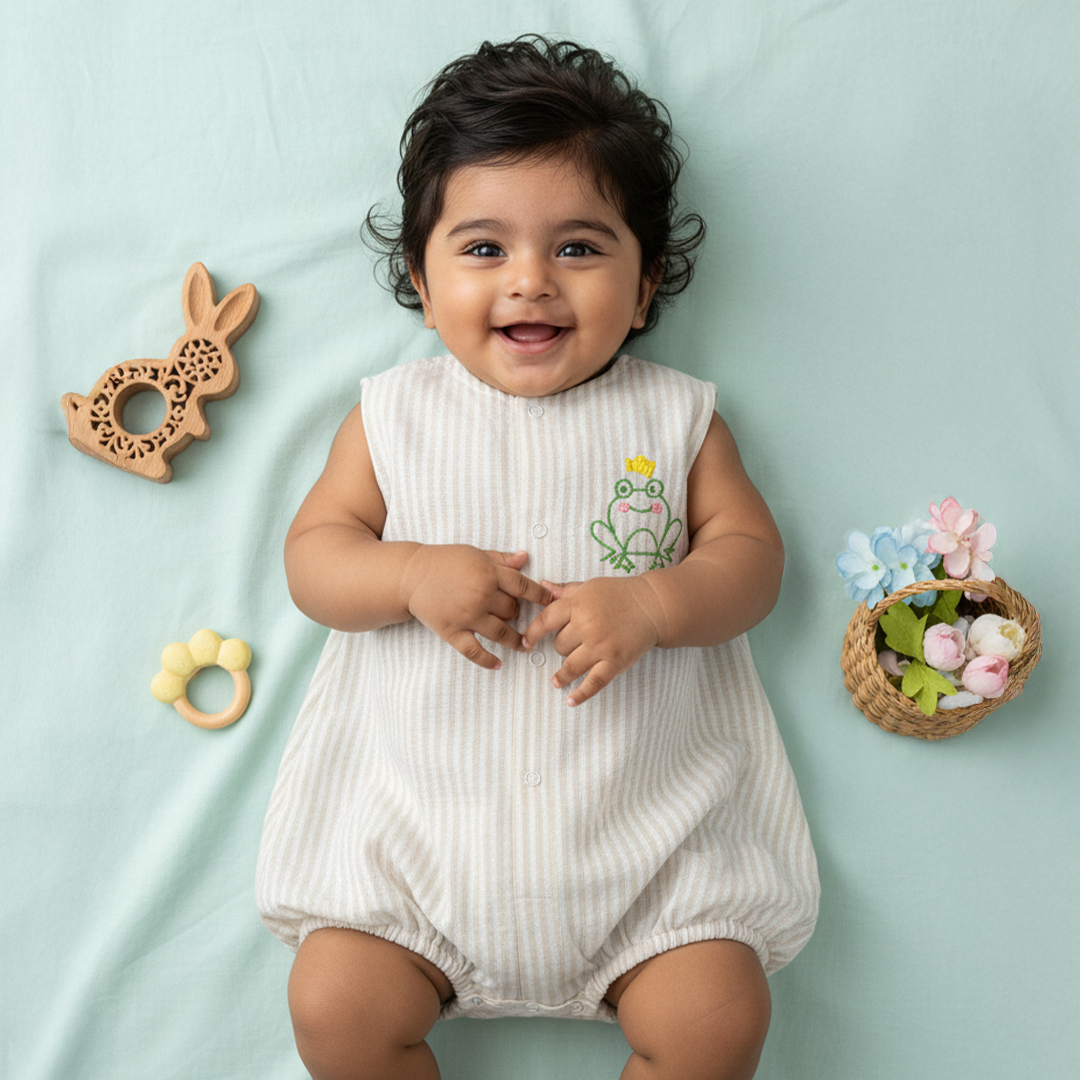 Beige and White Striped Embroidered Romper - Frog the Prince