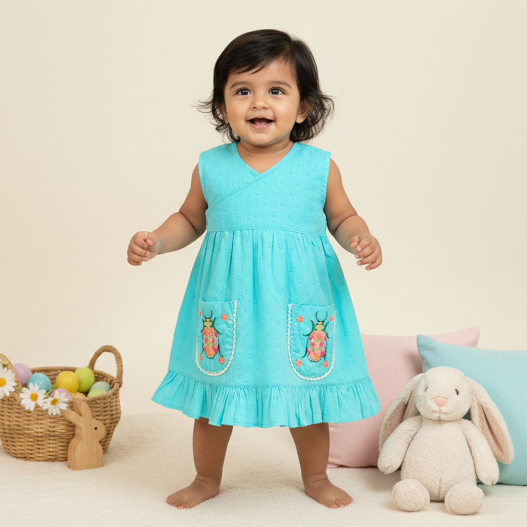 Embroidered Turquoise Blue Wrap Dress - Bug In My Pocket