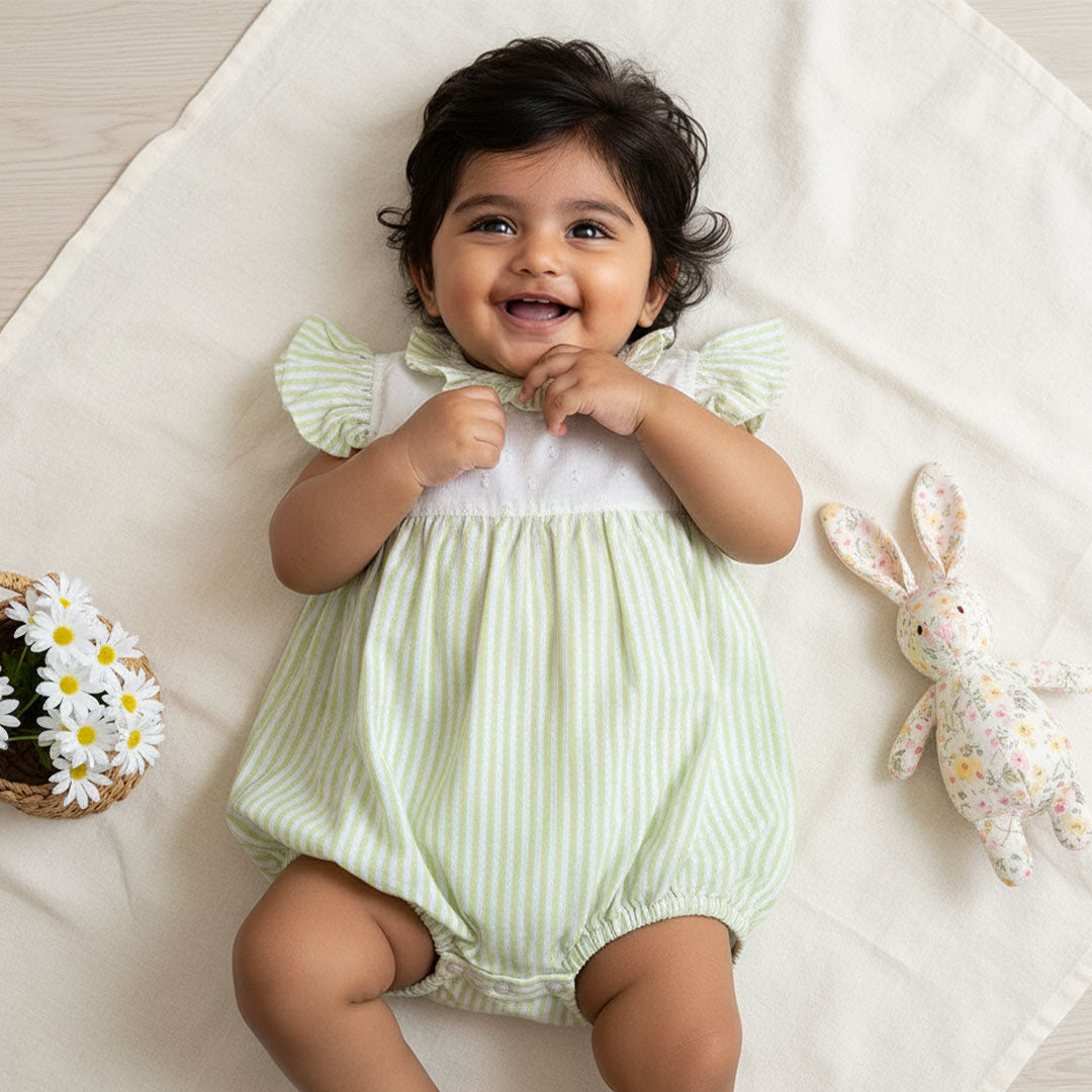 Striped Romper with Flutter Sleeves - Green and White