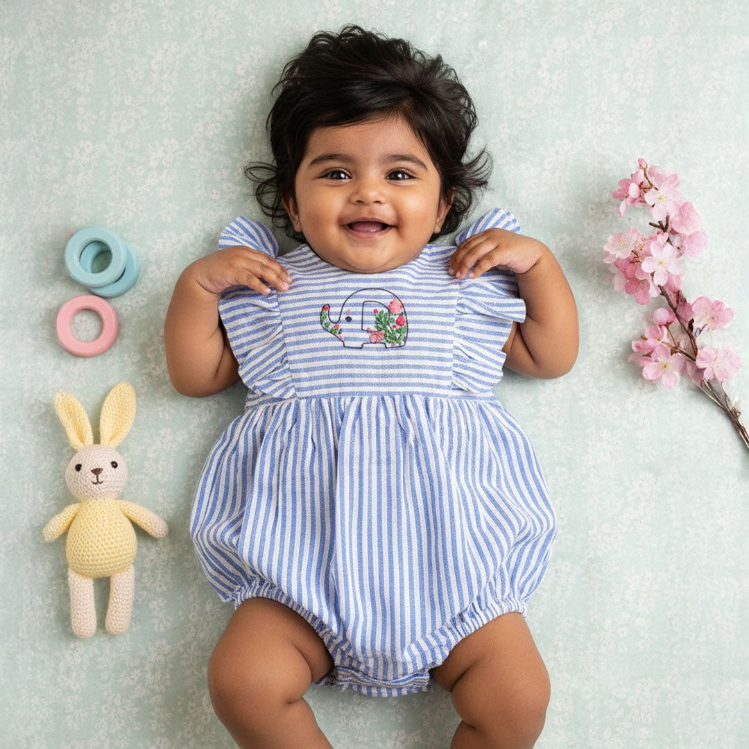 Blue and White Striped Embroidered Romper with Ruffles - Elephant in the Bloom