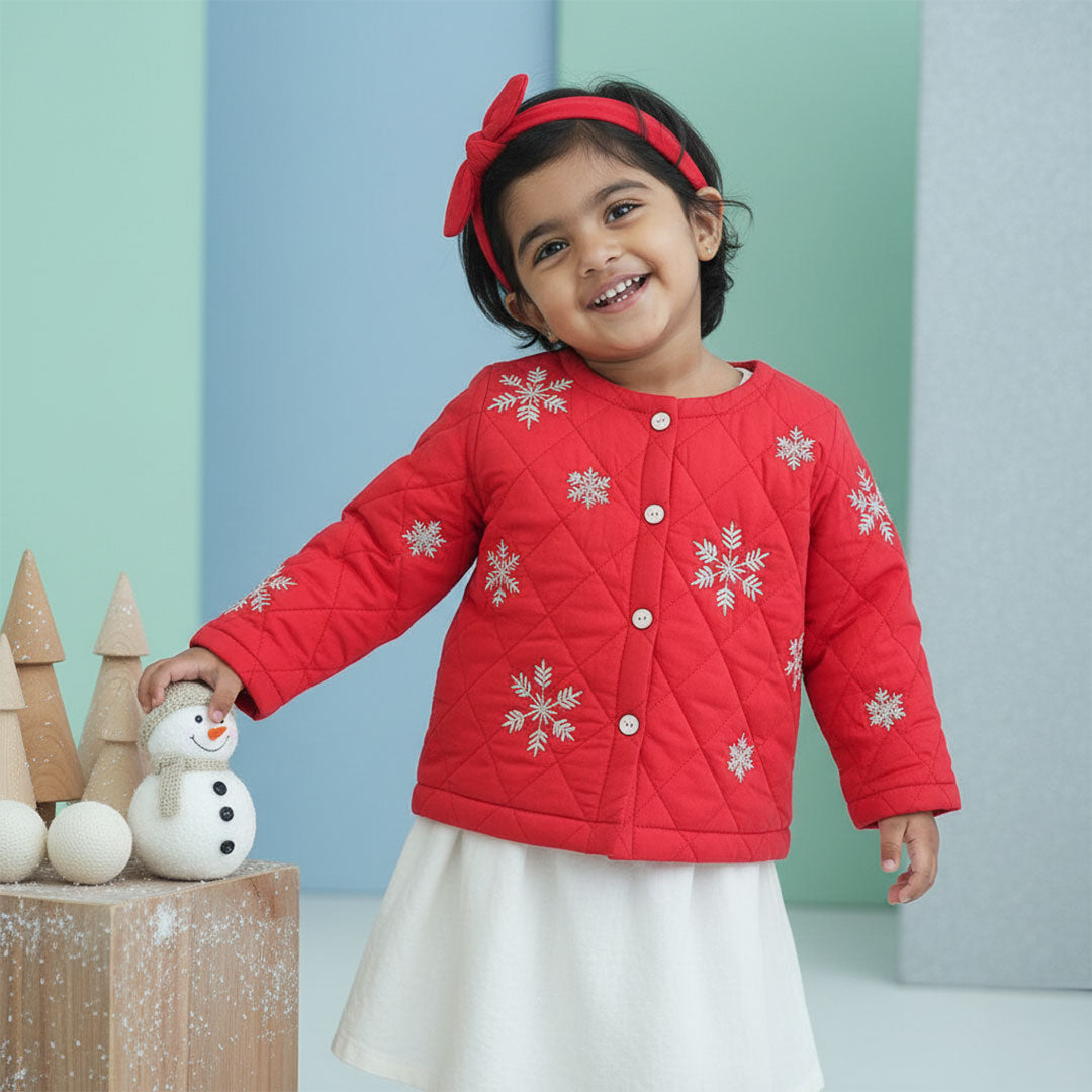 Snowflakes – Cotton Embroidered Red Button Up Quilted Jacket