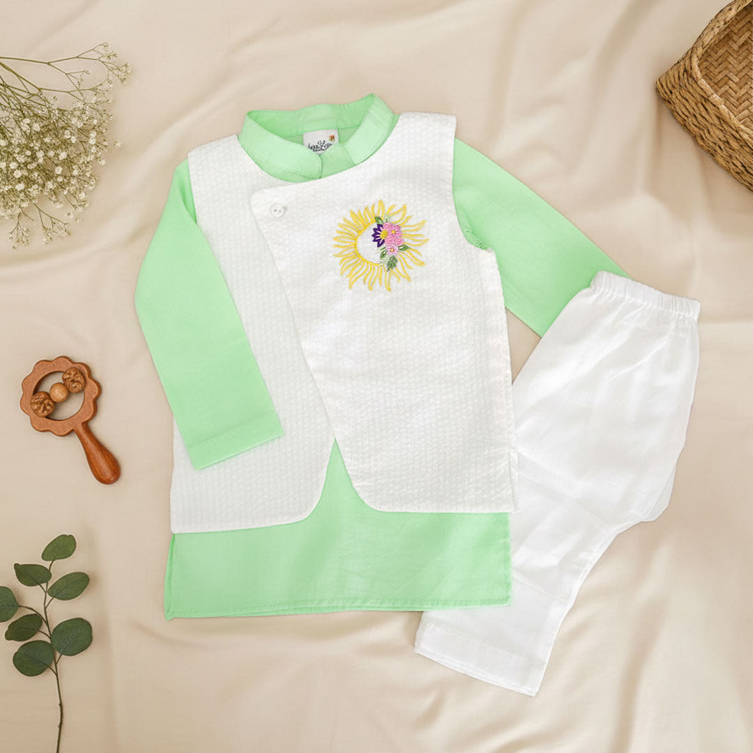 Mint Green – Cotton Sun Embroidered Jacket Kurta and White Pajama Pants Set