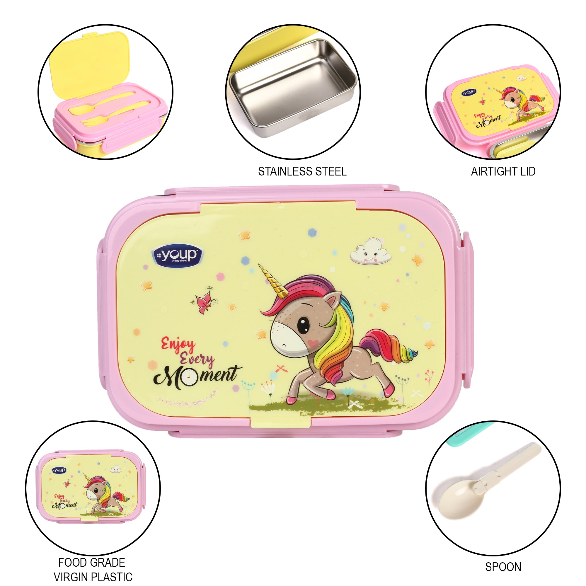 Stainless Steel Insulated Unicorn Theme Kids Lunch Box With Fork & Spoon Xolo-850 Ml
