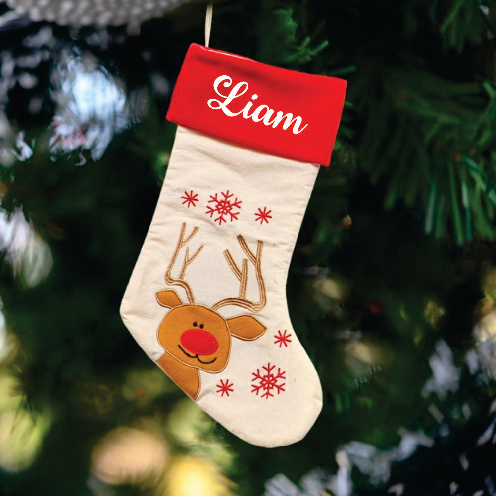 Red Band Linen Stockings- Reindeer with Snowflake