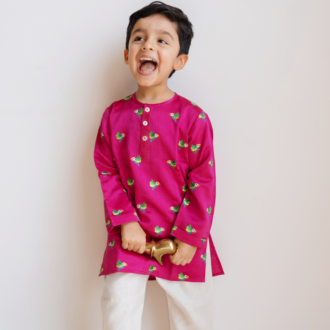 Chanderi Kurta Pyjama Set | Embroidered - Tota Udd