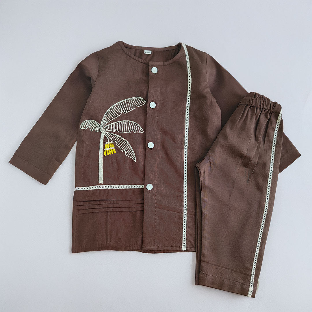 Embroidered Choco Brown Kurta and Pajama Pants Set - Plantain