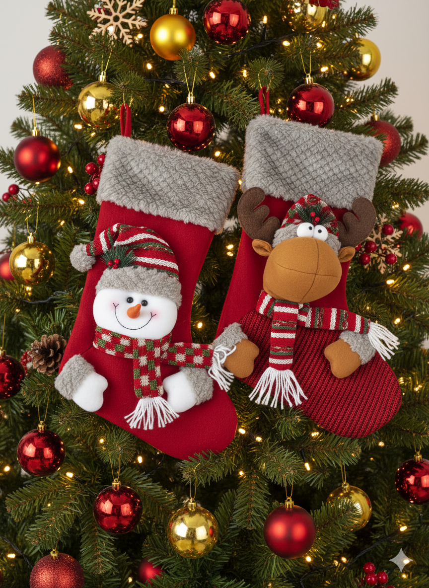 OAKLEY - Pack of 2 Plush Character Christmas Stockings - Snowman stocking (red) - Reindeer stocking (red)