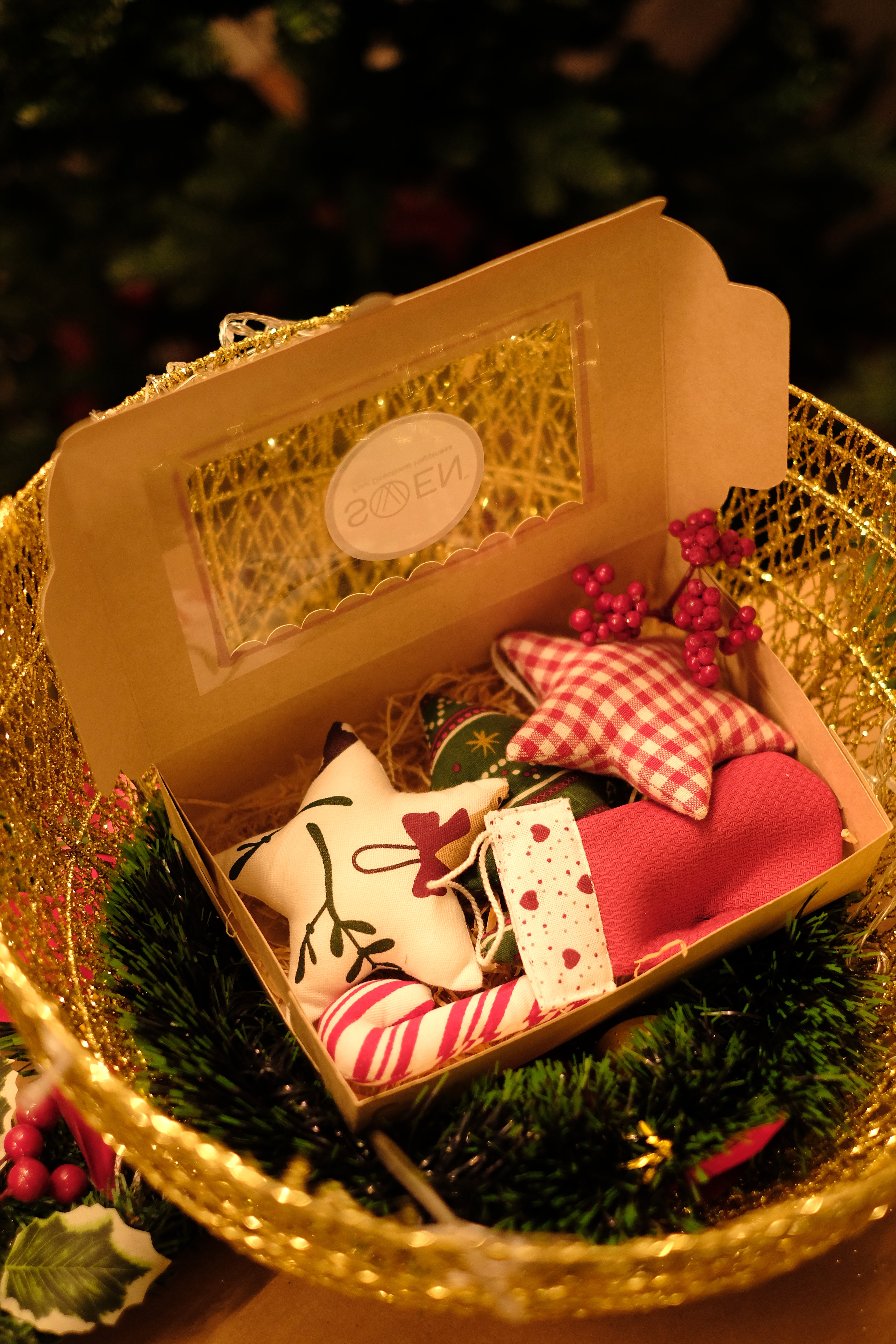 JONAS - Pack of 5 assorted 3D fabric christmas tree hangings