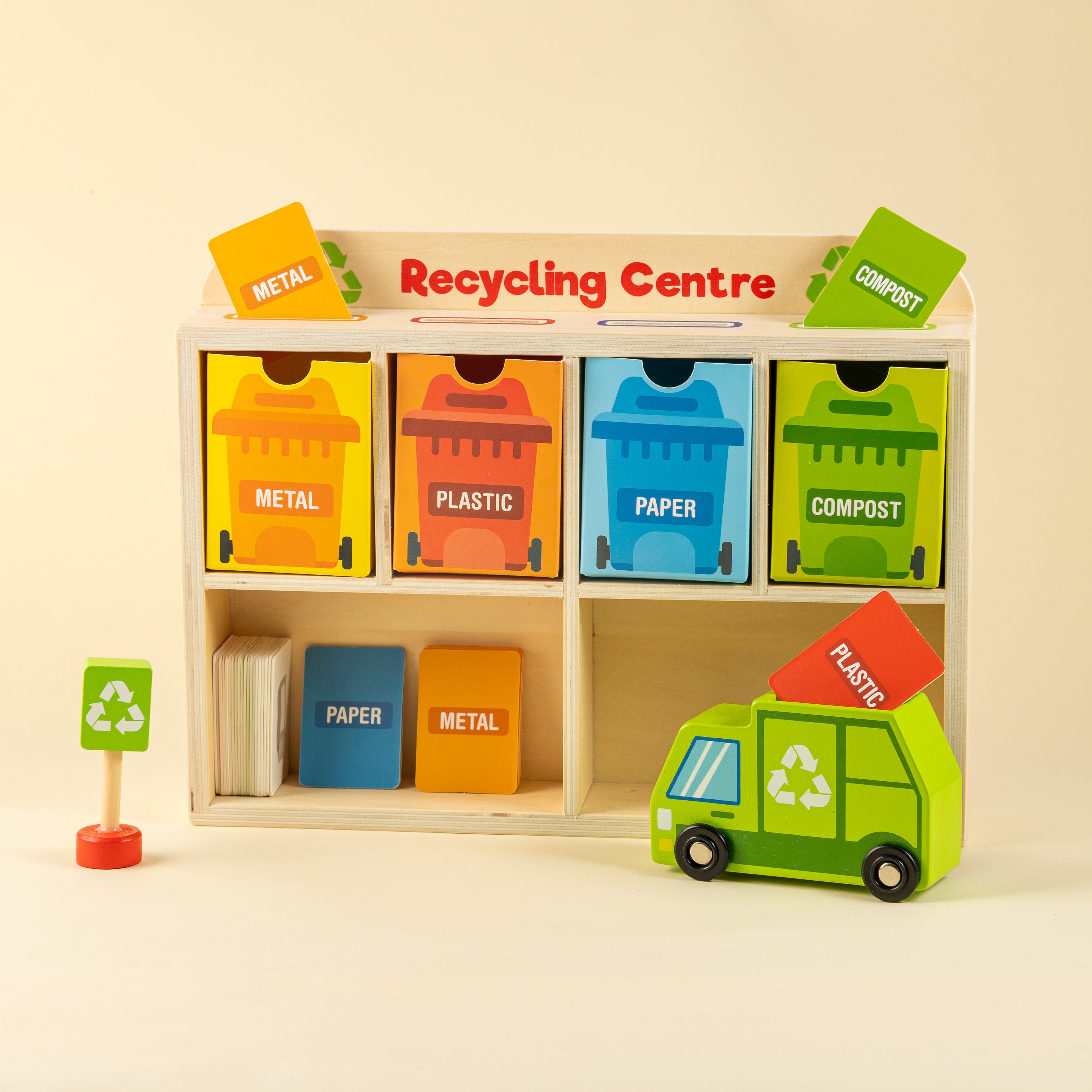 Tiny Trash Hub | Reduce & Reuse Recycling Center Playset | Wooden Green Garbage Truck Toy, Sorting Bins, and Accessories | Safe, Natural Materials For Environmental Learning, Fine Motor Skills, and Play