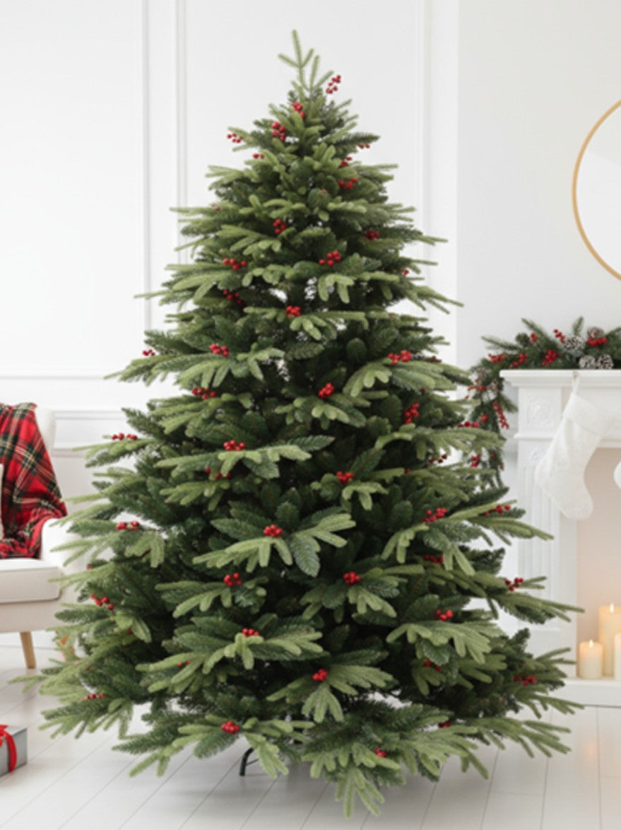 RAZ Christmas tree with cherries and dual color leaves – 8 feet