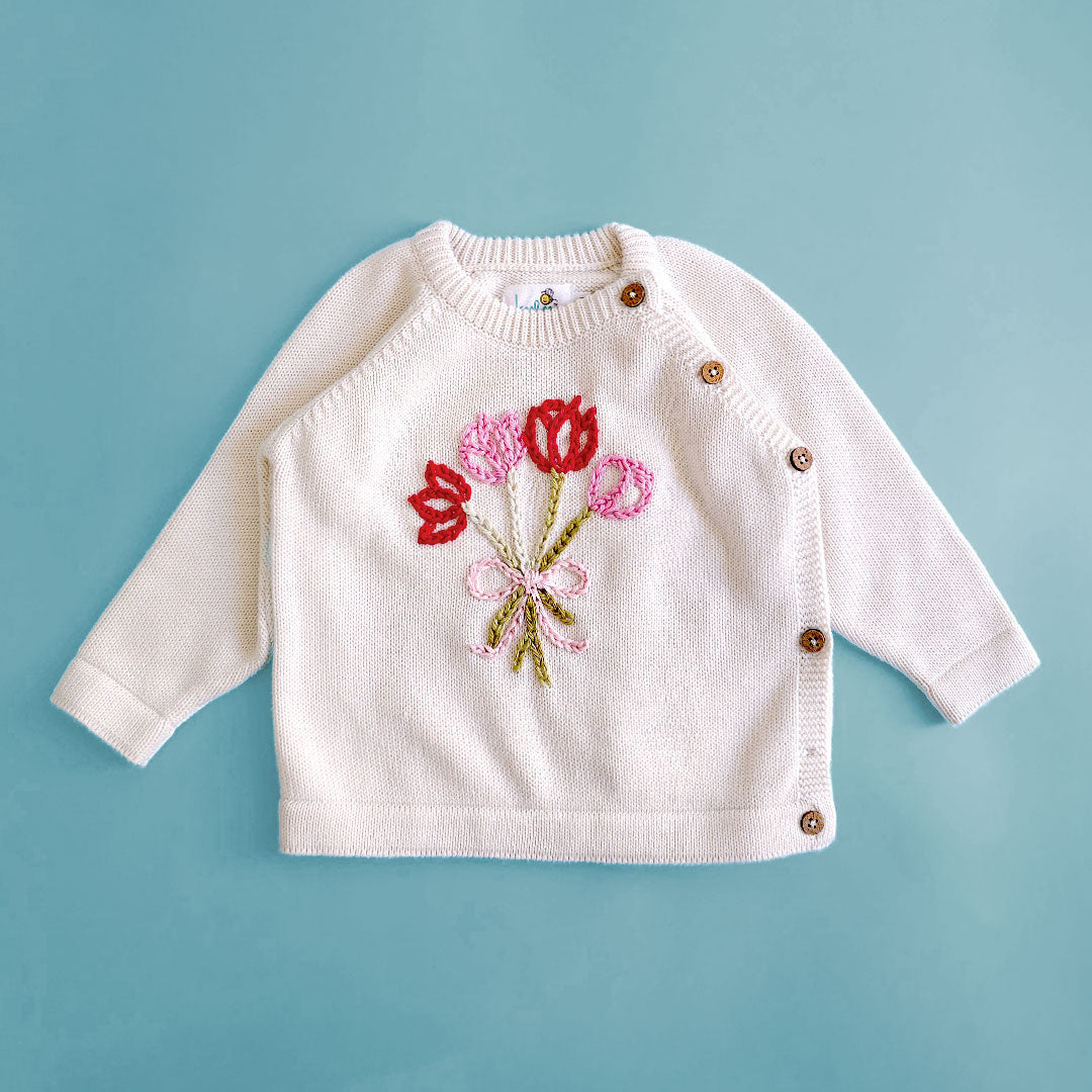 Tulip Bouquet – Cotton Hand Embroidered White Sweater