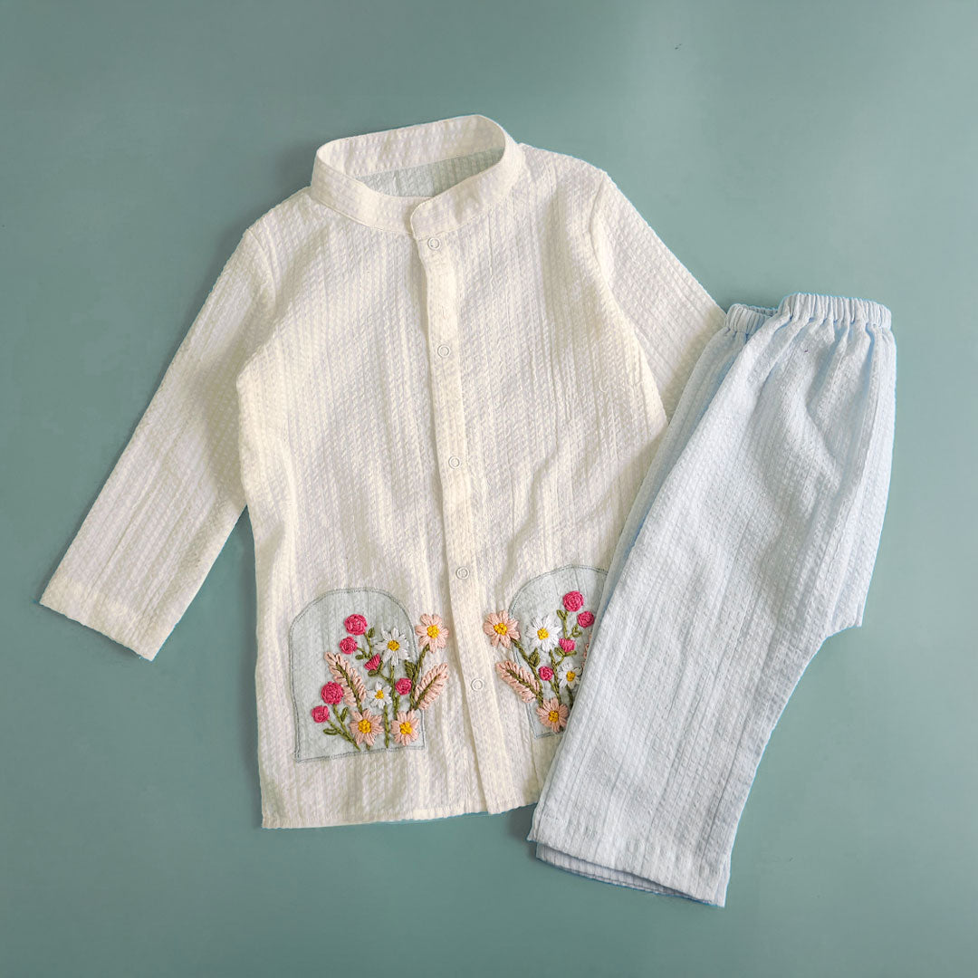 Bloom in Window – Cotton Embroidered Light Blue Kurta and White Pajama Pants Set