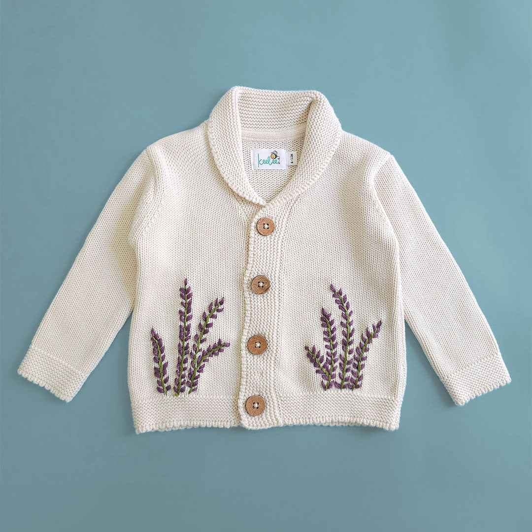 Winter Lavender – Cotton Hand Embroidered White Cardigan
