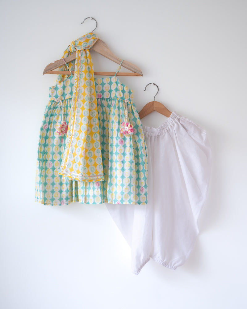 Rasa Green Monstera Kurta, Cowl Dhoti Pants & Dupatta Set