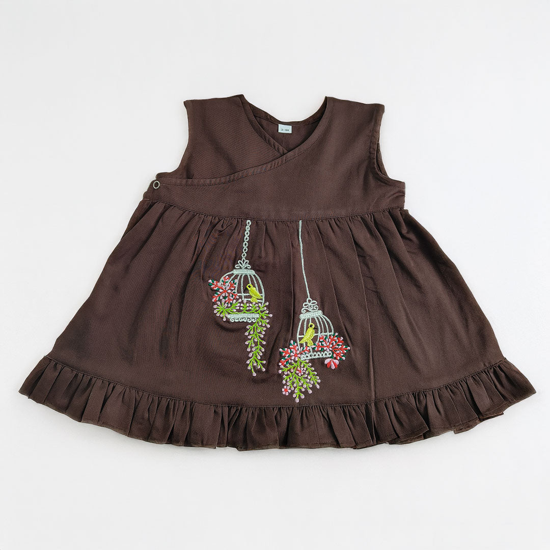 Embroidered Choco Brown Wrap Dress - Birdcage Garden