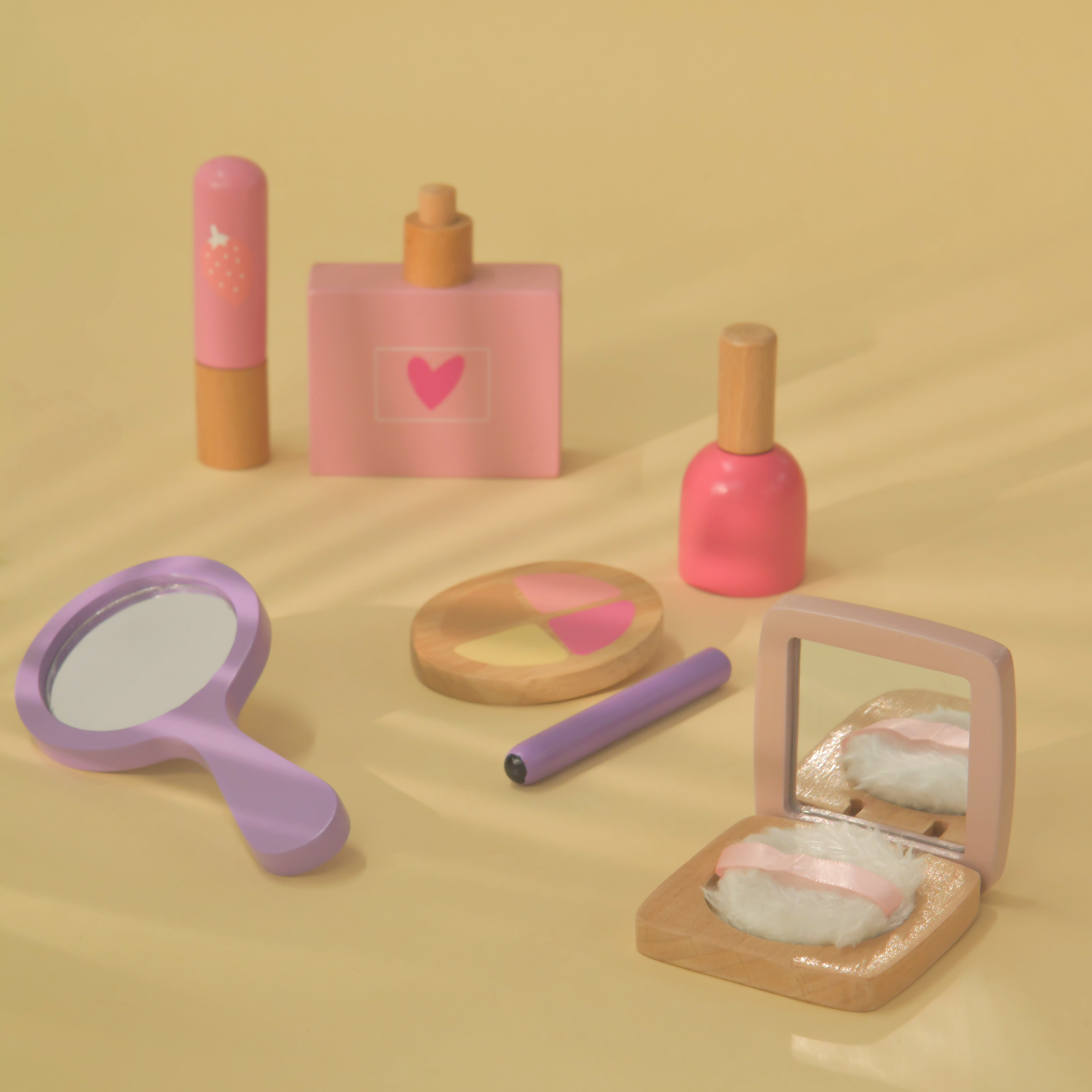Glam it Up- Wooden Make up Toy Set- 10 Piece Kit - Pretend Play Makeup Playset - 100% Natural Wood, Nontoxic Paint, Smooth Edges | Toddler Wooden Makeup Kit