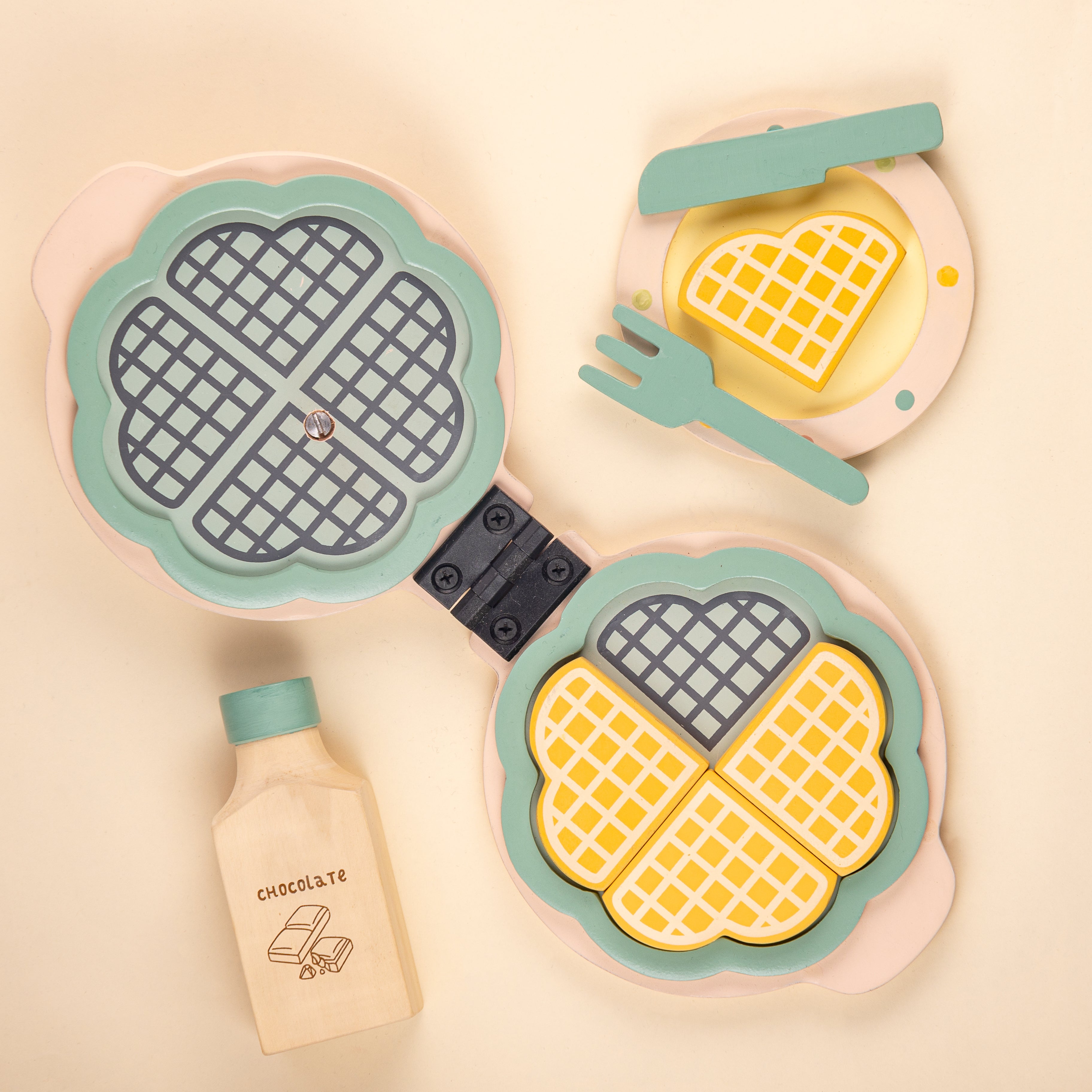 Wooden Waffle Maker -Sweet Treat Toddler & Kids Pretend Play Cooking Toy Set | Imagination and Creativity for 1 Year + (Beige)