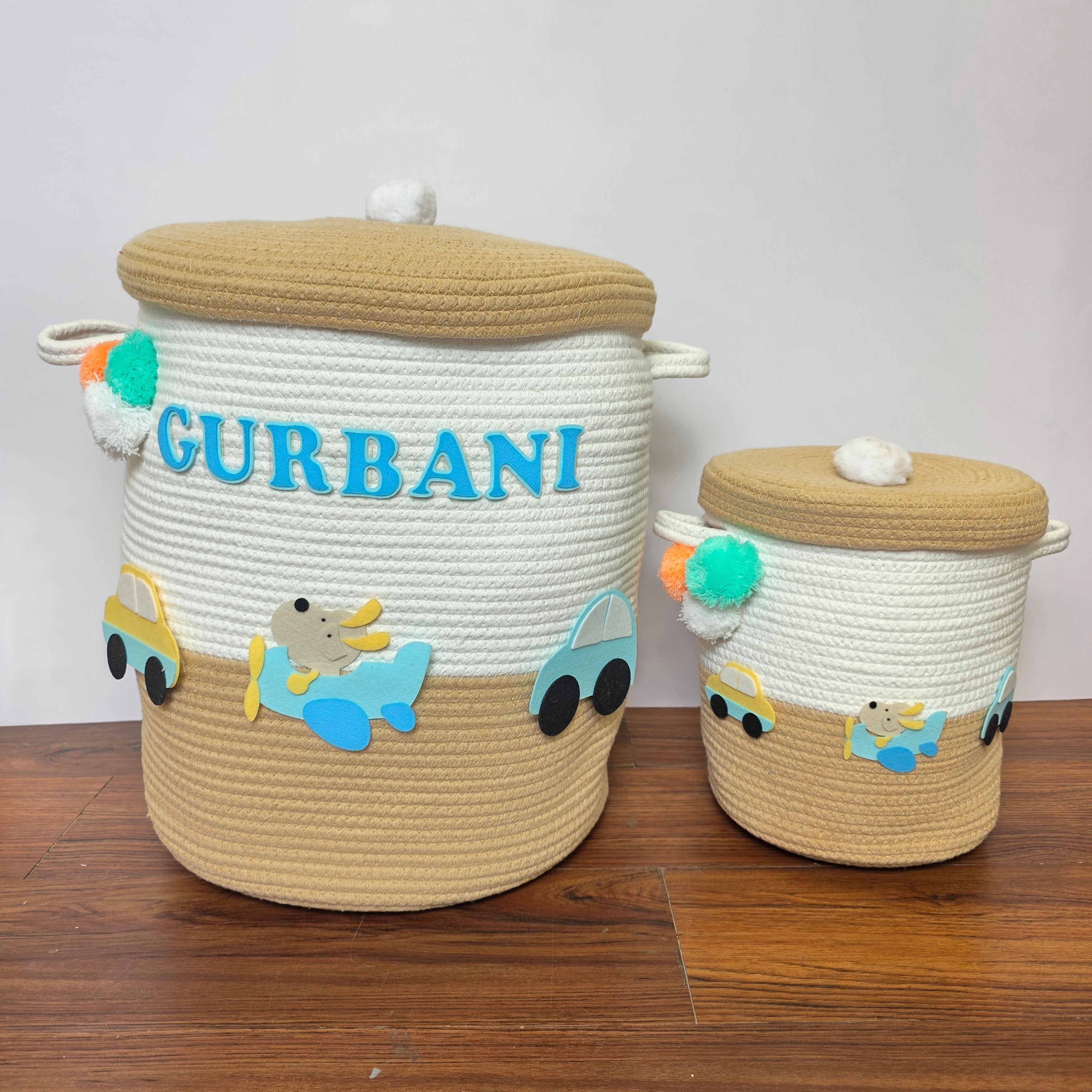 Jute Cotton Storage Basket with Lid - Wings & Wheels Wonderland