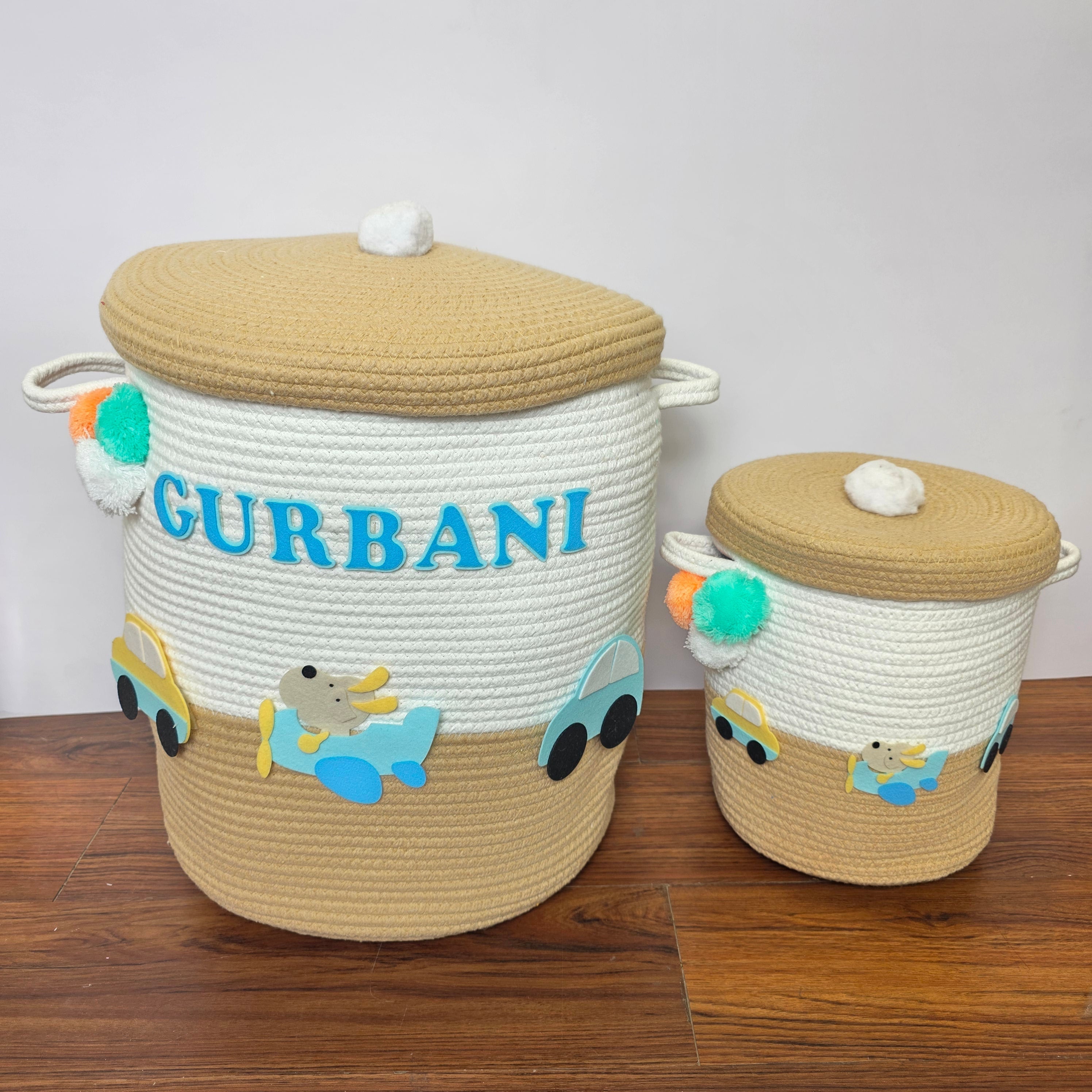 Jute Cotton Storage Basket with Lid - Wings & Wheels Wonderland