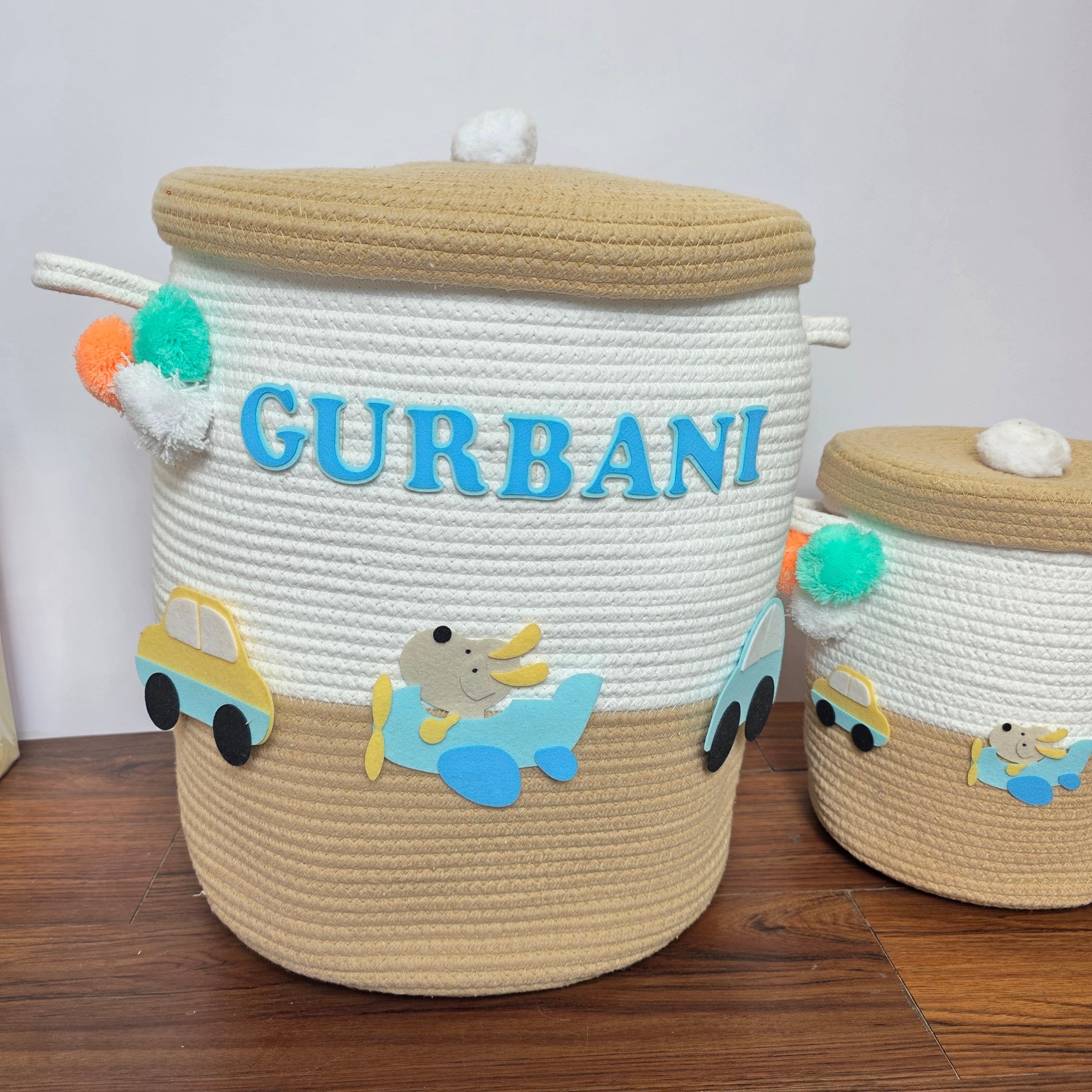 Jute Cotton Storage Basket with Lid - Wings & Wheels Wonderland