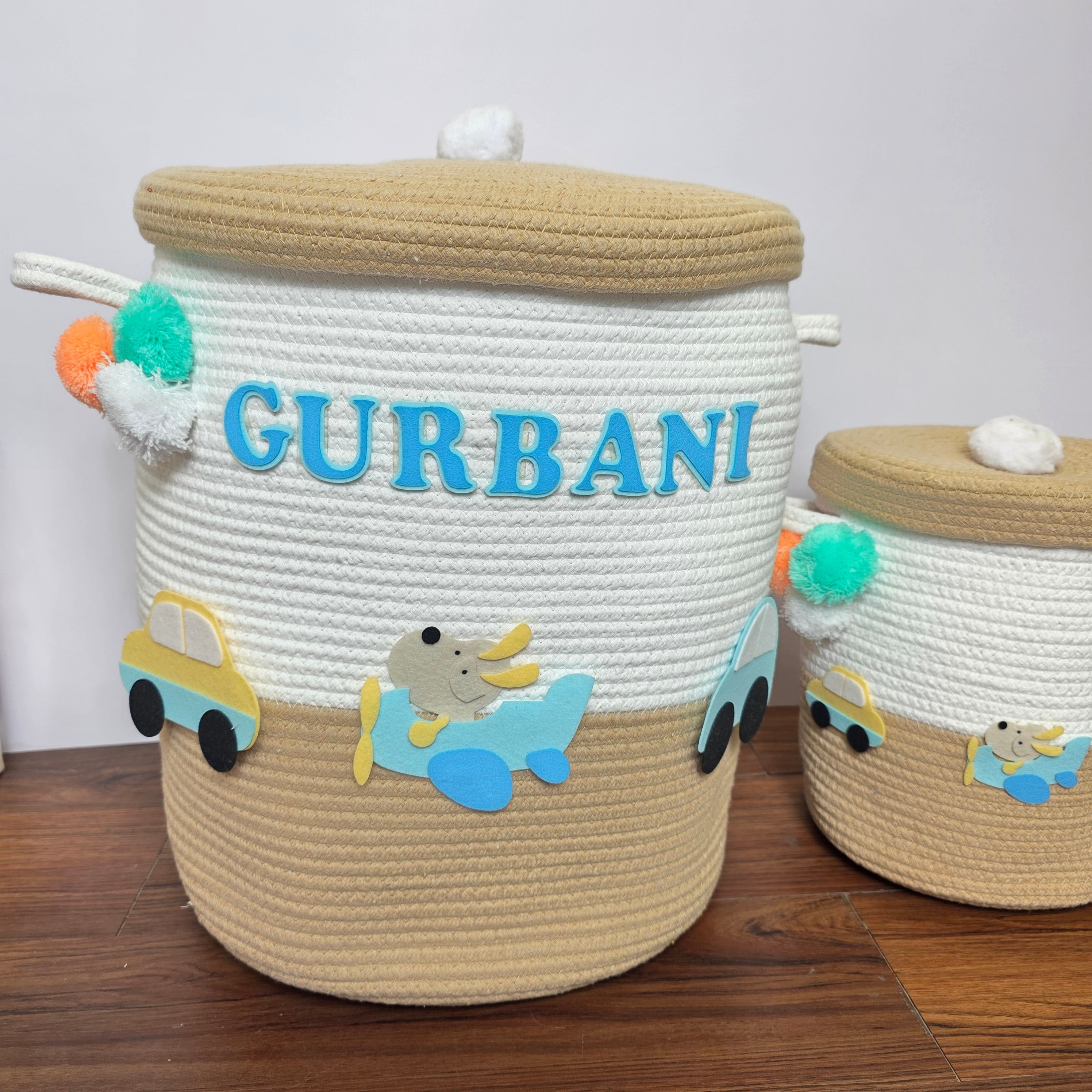 Jute Cotton Storage Basket with Lid - Wings & Wheels Wonderland